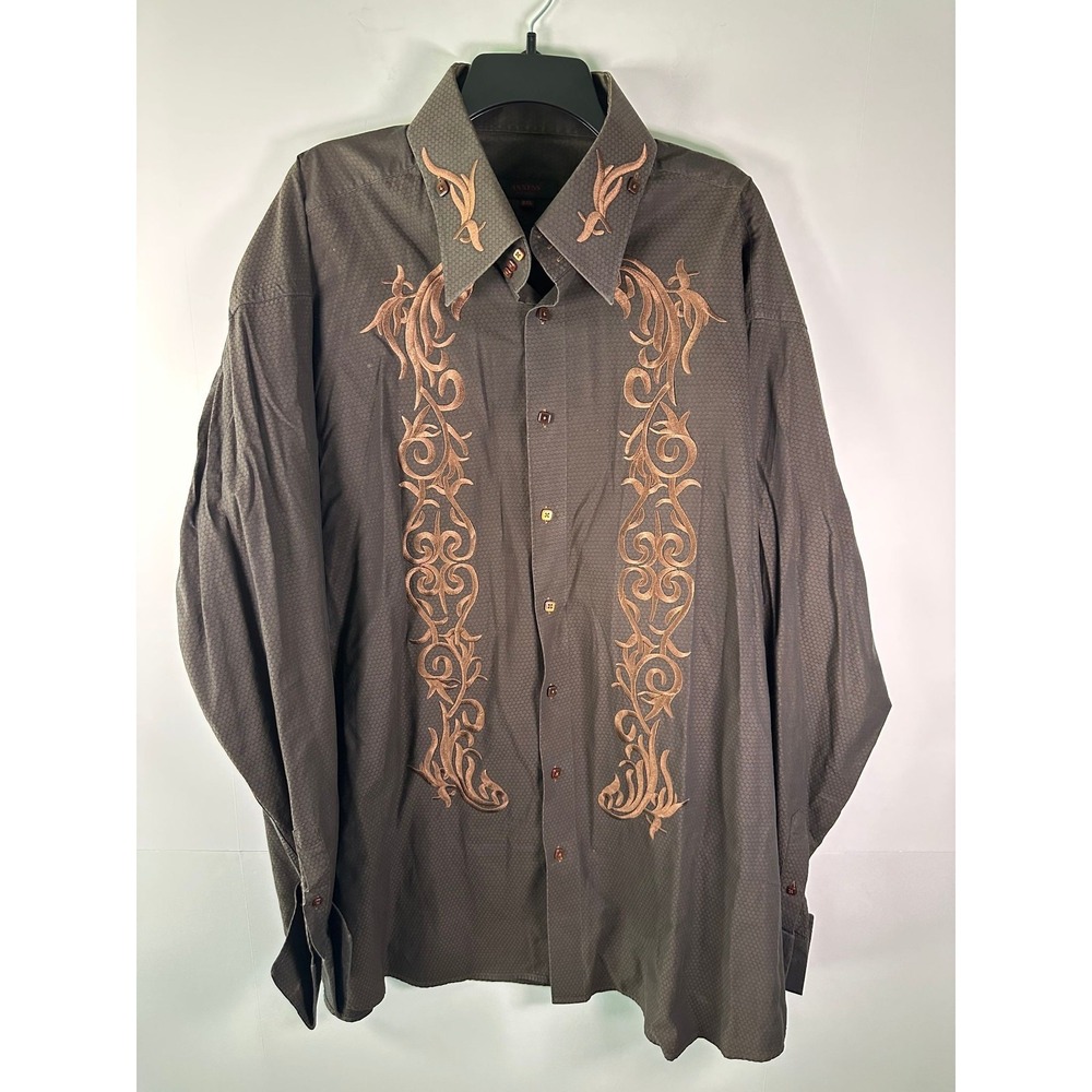 AXXESS Shirt Mens 5XL Embroidered Long Sleeve Dress Shirt Brown Textured Western